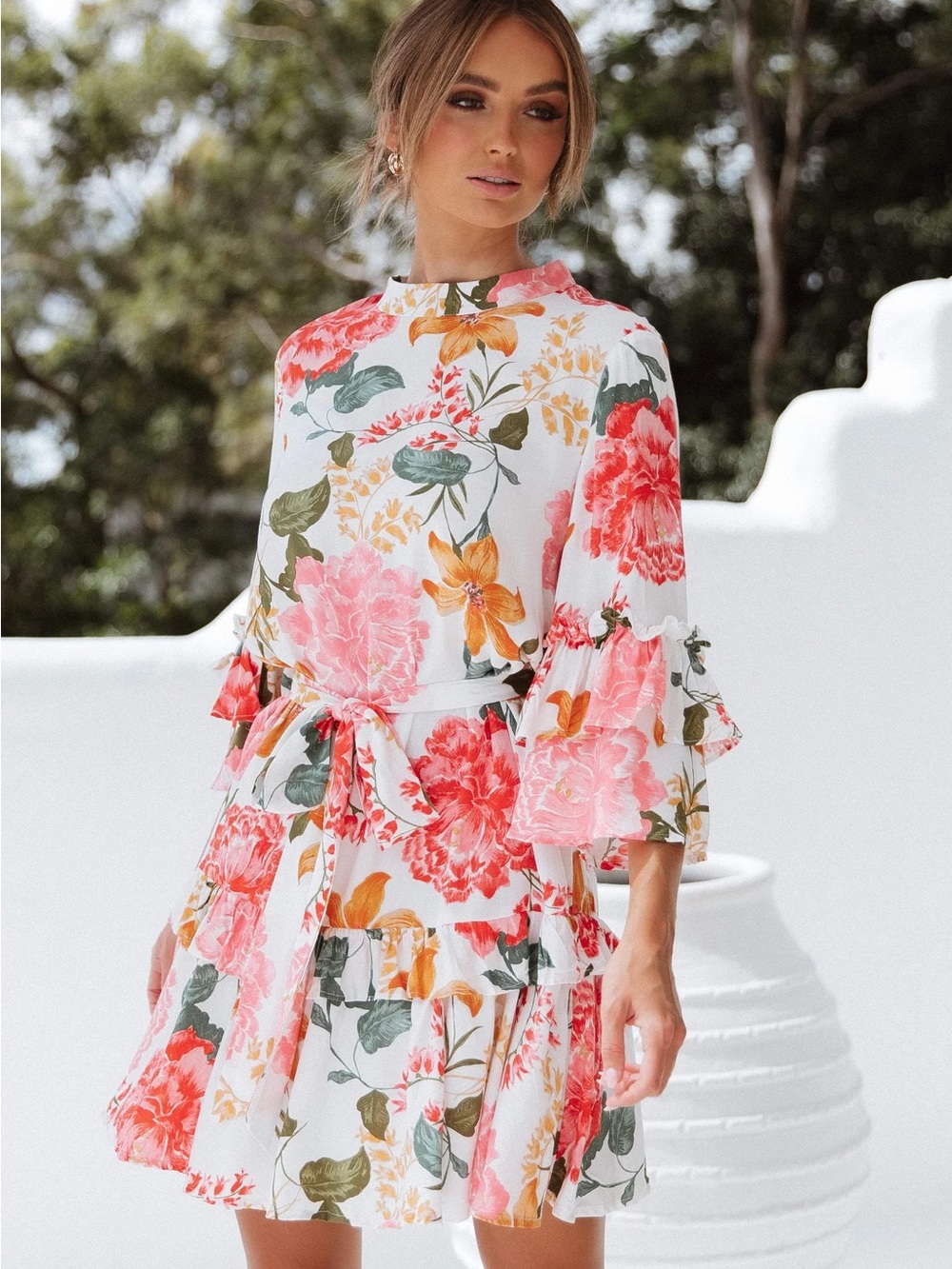 Petal & Pup White Floral Tie-Waist Mini Dress with Pink & Coral Blooms